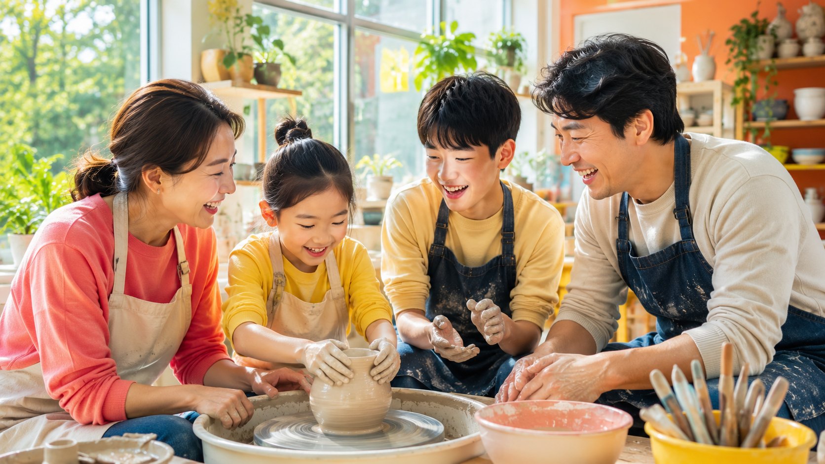 도자기 물레 체험을 하는 네 가족