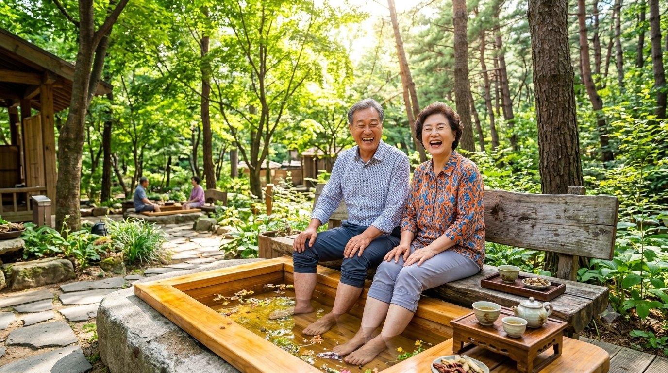 숲속 족욕을 즐기는 노년 부부