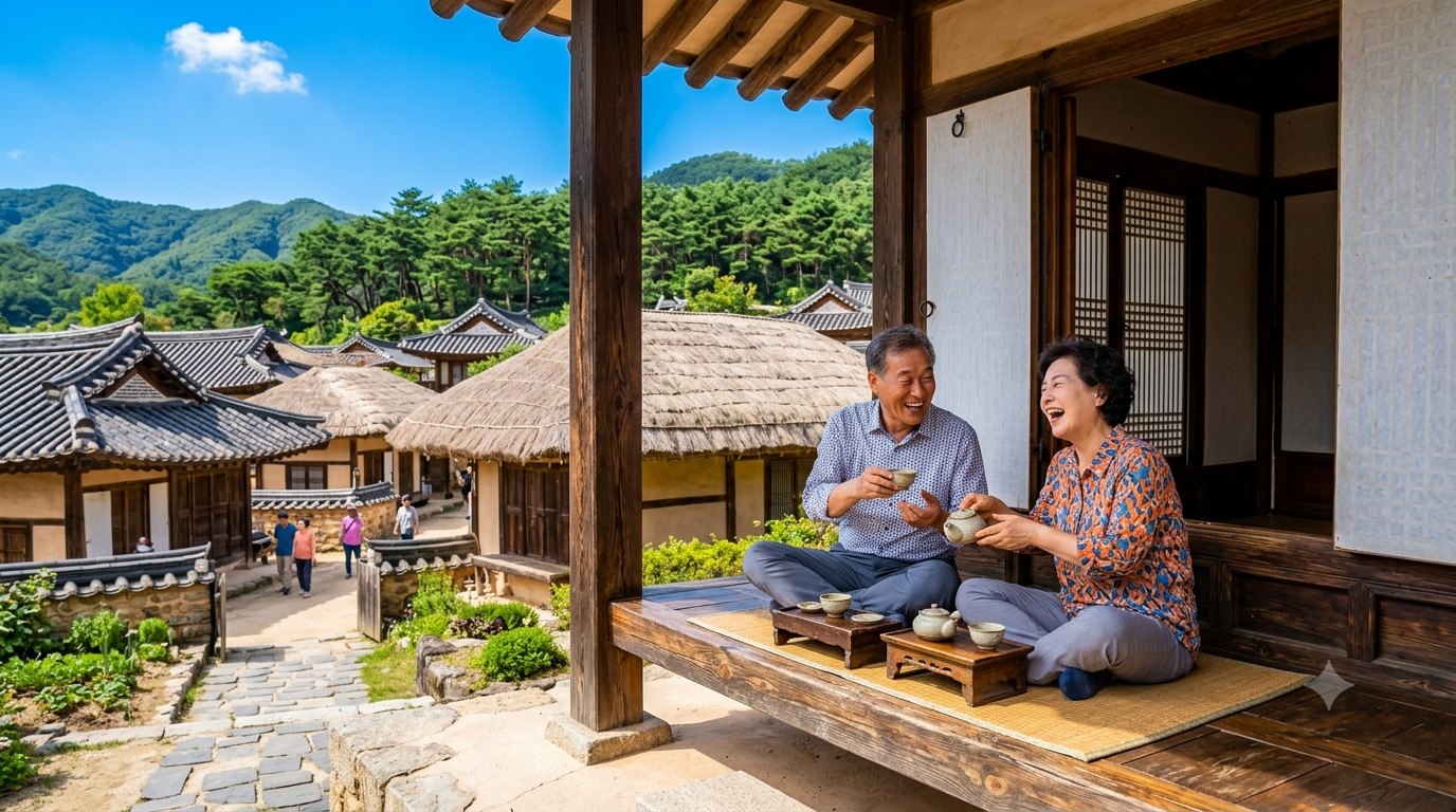 안동 하회마을 마루에서 쉬는 노년 부부